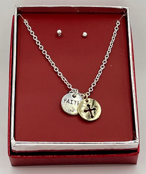 Silvertone Cross Cutout and Faith Charm Necklace and Stud Earrings Set