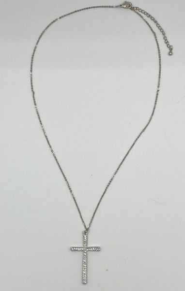Silvertone and Clear CZ Cross Pendant on Adjustable Chain Necklace