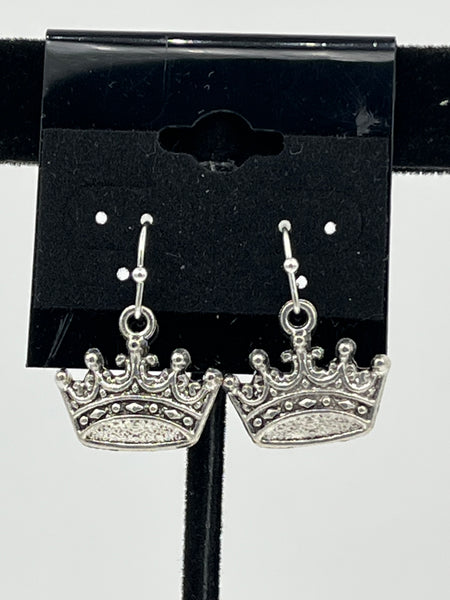 Silvertone Crown Charm Dangle Earrings with Sterling Silver Hooks