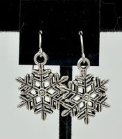 Silvertone Christmas Winter Filligreed Snowflake Charm Dangle Earrings