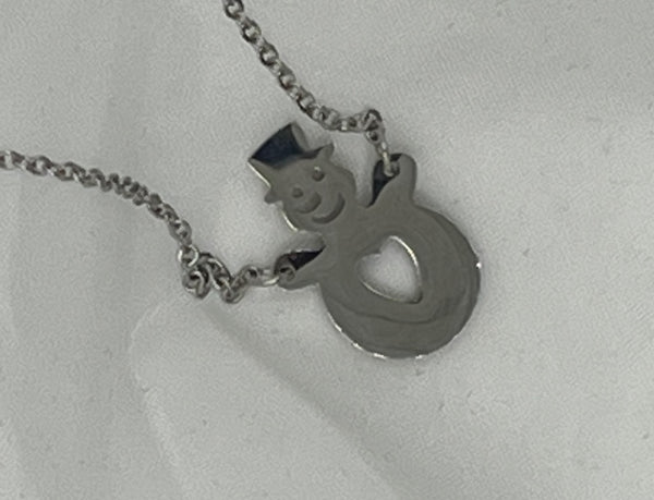 Silvertone Christmas Winter Snowman Pendant with Heart Cutout on Chain Necklace