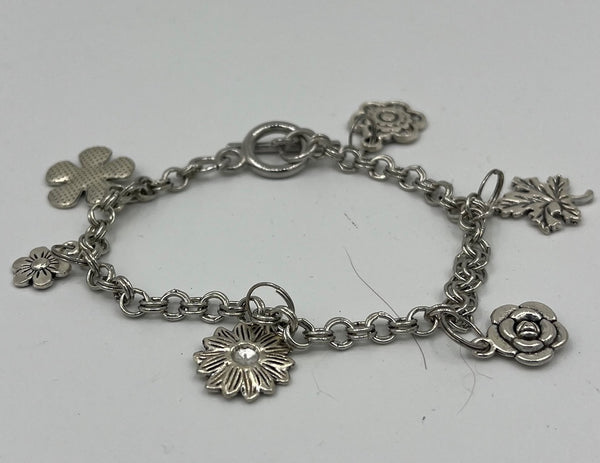 Silvertone Flowers Toggle Charm Bracelet