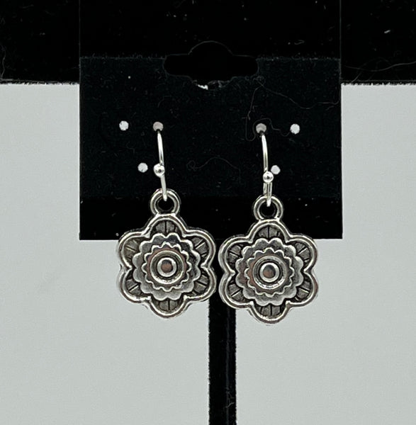 Silvertone Poppy Flower Charm Dangle Earrings with Sterling Silver Hooks