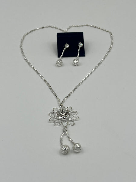 Silvertone and CZ Flower Pendant on Adjustable Chain Necklace and Earrings Set