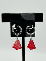 Red Lampworked Glass Christmas Tree Silvertone Dangle Hoop Earrings