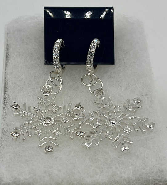 Silvertone and Clear CZ Christmas Winter Snowflake Charm Hoop Dangle Earrings