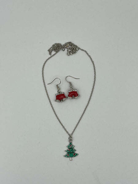 Silvertone Christmas Tree Pendant on Chain & Santa Pants Charm Dangle Earrings