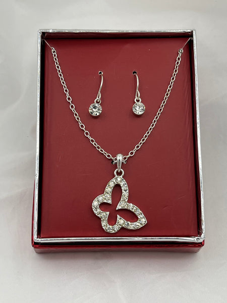Silvertone & CZ Butterfly Pendant on Adjustable Necklace and Dangle Earrings Set