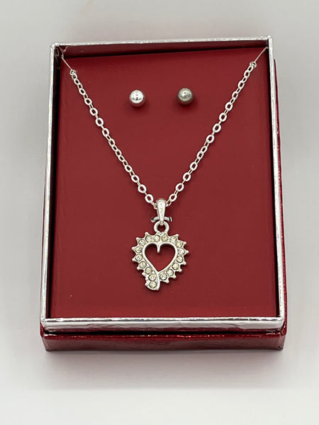 Silvertone and Clear CZ Open Heart Pendant on Chain and Stud Earrings Set