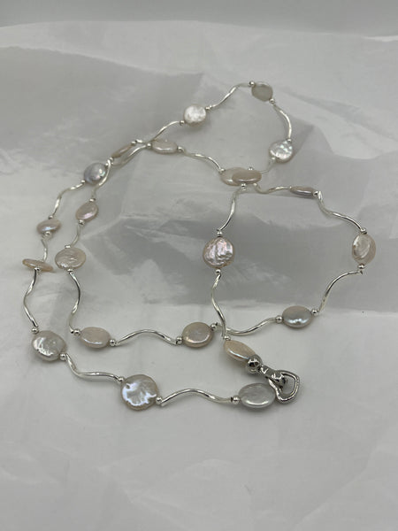 Natural Silver Coin Pearl Gemstone and Silver Tone Tubes Long Beaded Necklace