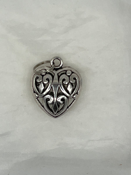 Silver Tone Textured Ornate Puffed Heart Pendant