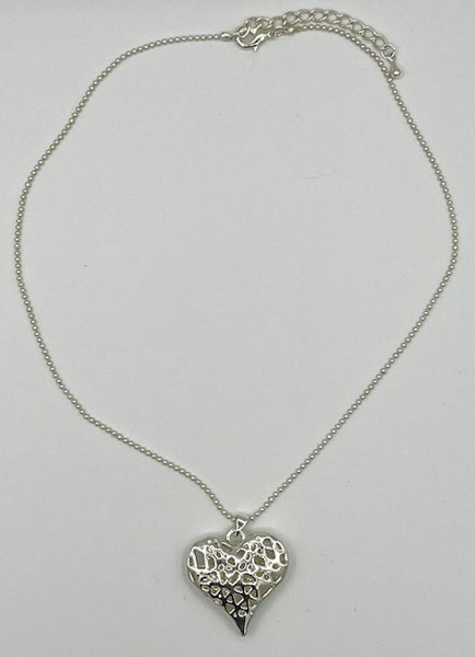 Silvertone Puffed Heart Pendant on Adjustable Chain Necklace