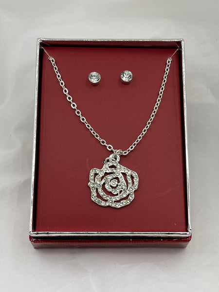 Silvertone Rose Flower Pendant on Adjustable Necklace and CZ Stud Earrings Set
