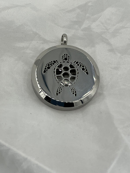 Silver Tone Round Locket Pendant with Etched Sea Turtle