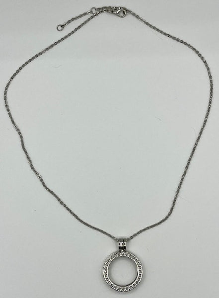 Silvertone and Clear CZ Round Open Locket Pendant on Adjustable Chain Necklace