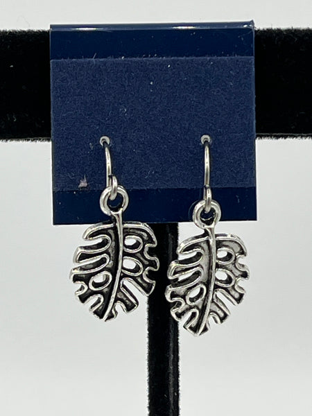 Silvertone Leaf Charm Dangle Earrings with Sterling Silver Hooks