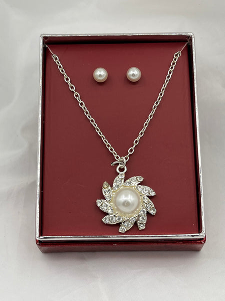 Acrylic Pearl & CZ Flower Pendant on Adjustable Silvertone Chain & Stud Earrings