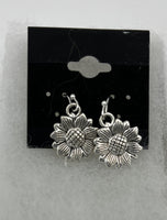 Silvertone Sunflower Charm Dangle Earrings with Sterling Silver Hooks