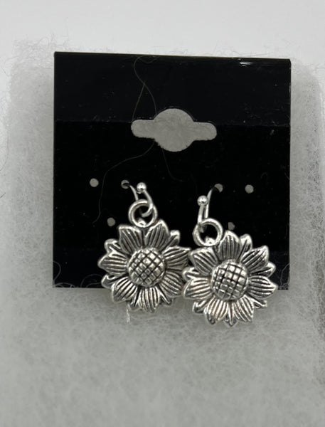 Silvertone Sunflower Charm Dangle Earrings with Sterling Silver Hooks