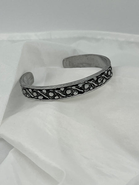 Silvertone 8" Cuff Bangle Bracelet with Flower and Branch Design