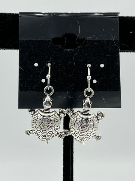 Silvertone Turtle Charm Dangle Earrings with Sterling Silver Hooks