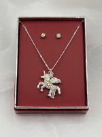 Silvertone & Rainbow CZ Unicorn Pendant on Adjustable Necklace & Stud Earrings