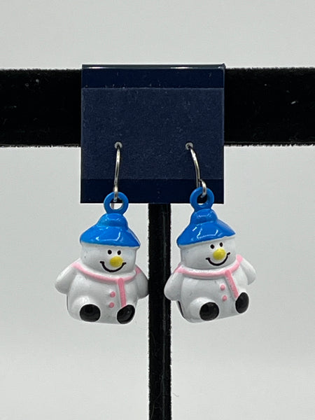 Brass 3D Christmas Winter Snowman Jingle Bell Dangle Earrings