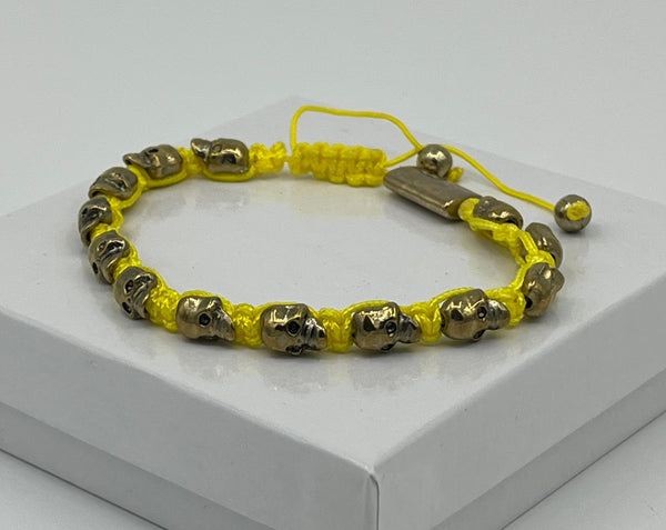 Gold Tone Halloween Skulls Adjustable Macrame Beaded Bracelet on Yellow Cord