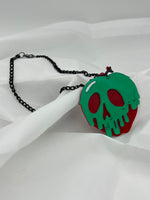 Halloween Red and Green Caramel Apple Skull Acrylic Pendant on Black Metal Chain