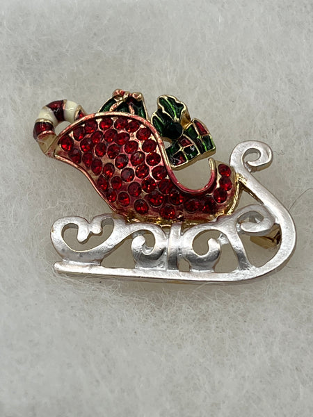 Red CZ and Metal Christmas Sleigh with Holly and Candy Cane Pin Brooch