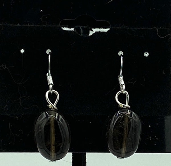 Natural Smoky Quartz Gemstone Dainty Oval Beaded Sterling Silver Dangle Earrings