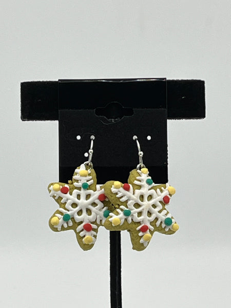 Polymer Clay White Christmas Snowflake Frosted Cookie Dangle Earrings