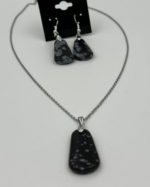 Natural Snowflake Obsidian Gemstone Trapezoid Pendant and Dangle Earrings Set