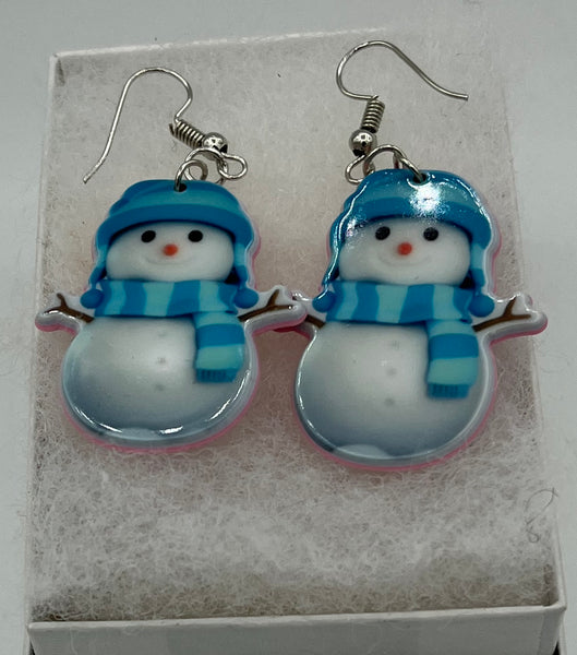 Acrylic Christmas Winter Snowman with Blue Scarf Dangle Earrings