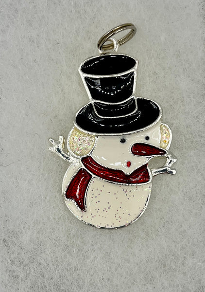 Red, Black and White Enamelled Christmas Winter Snowman Silvertone Pendant