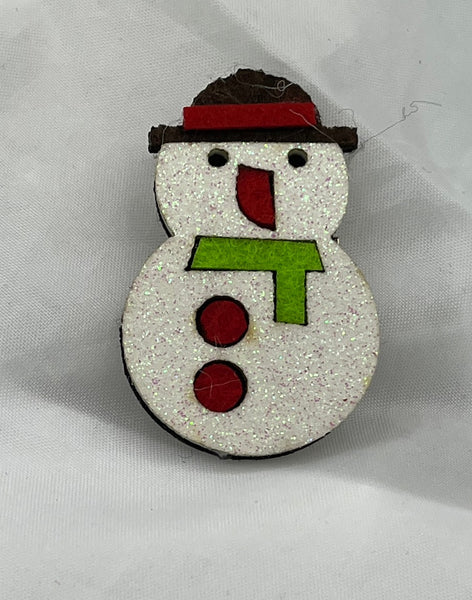 White Glitter Felt Christmas Winter Snowman Pin Brooch Black Hat and Green Scarf