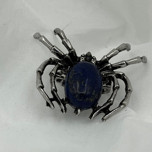 Natural Lapis Gemstone and Silvertone Spider Pin Brooch Pendant