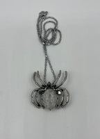 Natural Clear Quartz Gemstone Silver Tone Spider Pin Pendant on Chain Necklace