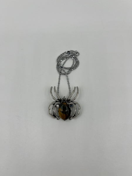 Natural Tiger Eye Gemstone Spider Pin Brooch Pendant on Chain Necklace