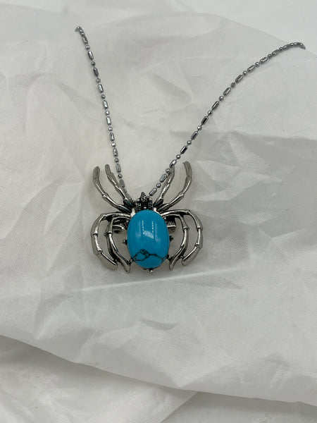 Natural Turquoise Gemstone Spider Pin Brooch Pendant on Chain Necklace