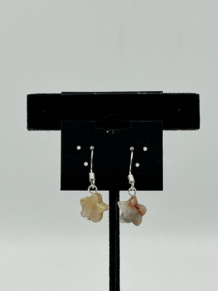 Natural Crazy Lace Agate Gemstone Carved Star Sterling Silver Dangle Earrings