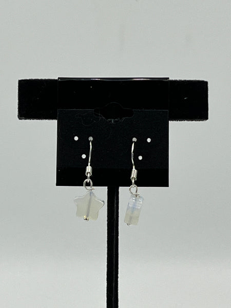 Natural Moonstone Gemstone Carved Star Beaded Sterling Silver Dangle Earrings