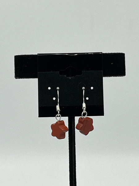 Natural Red Jasper Gemstone Carved Star Beaded Sterling Silver Dangle Earrings
