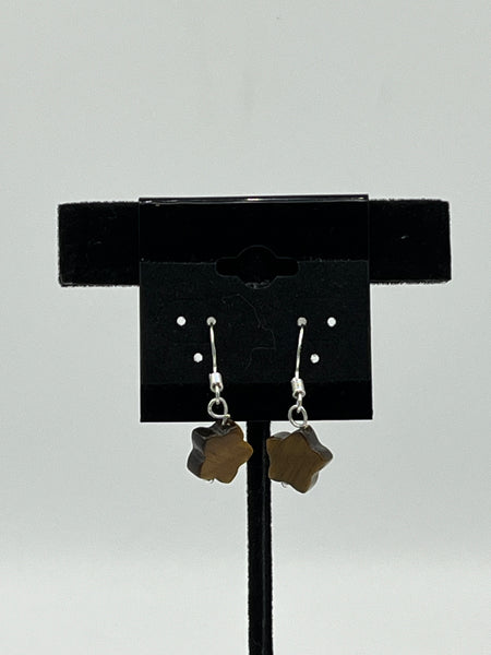 Natural Tiger Eye Gemstone Carved Star Beaded Sterling Silver Dangle Earrings