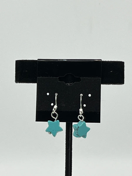 Natural Turquoise Gemstone Carved Star Beaded Sterling Silver Dangle Earrings
