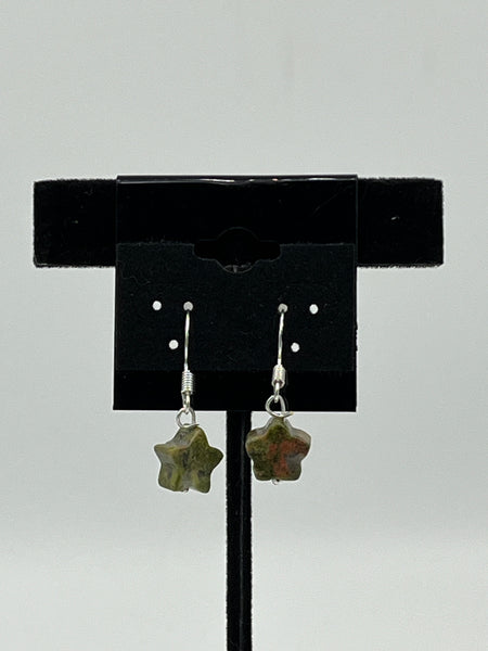 Natural Unakite Gemstone Carved Star Beaded Sterling Silver Dangle Earrings