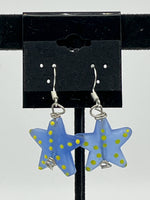 Lampworked Glass Blue and Yellow 3D Starfish Sterling Silver Dangle Earrings