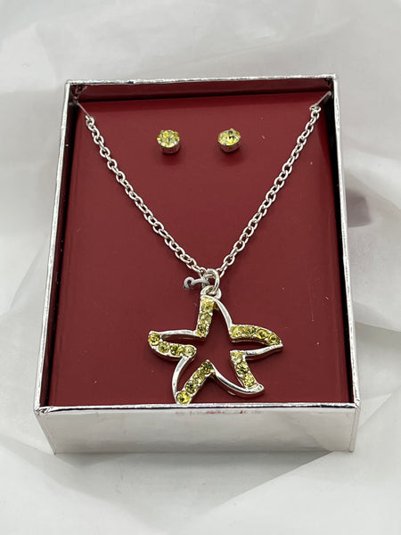 Silvertone and Yellow CZ Starfish Pendant on Chain and Stud Earrings Set