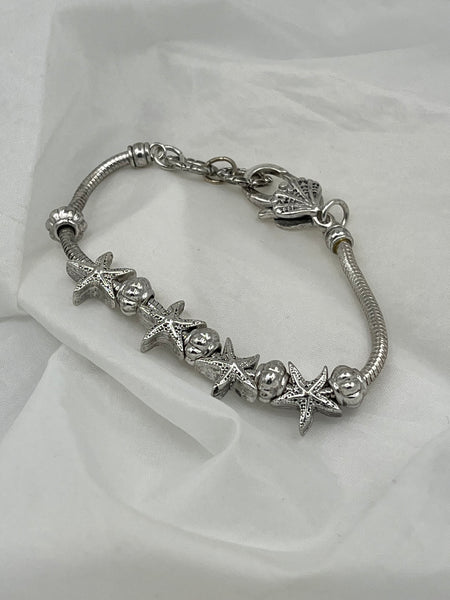 Silvertone Starfish European Style Charm Bracelet with Shell Shaped Clasp
