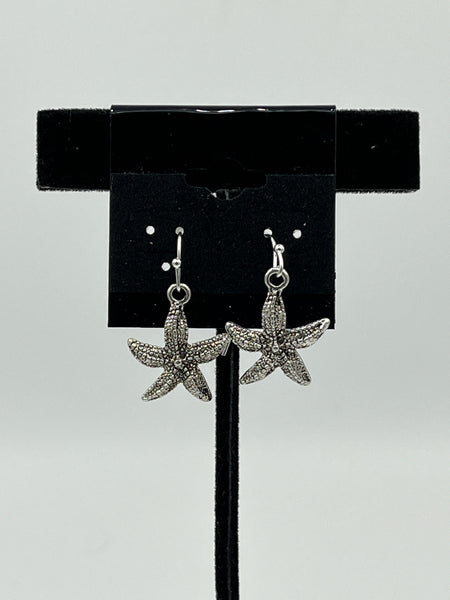 Silvertone Starfish Charm Dangle Earrings with Sterling Silver Hooks